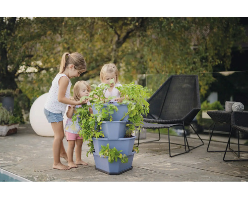 Trois enfants regardent une pyramide végétale plantée dans le jardin.