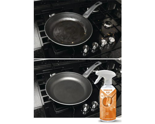 Vorher-Nachher-Vergleich einer Pfanne, gereinigt mit RAKKUUN Smart Fluid Fettlöser