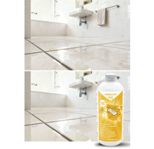 Vorher-Nachher-Ansicht eines Badezimmers mit Fliesenreiniger RAKKUUN Smart Fluid.