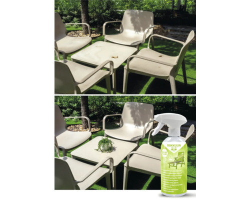 Vorher-Nachher-Ansicht einer Kunststoff-Sitzgruppe mit Kunststoffreiniger