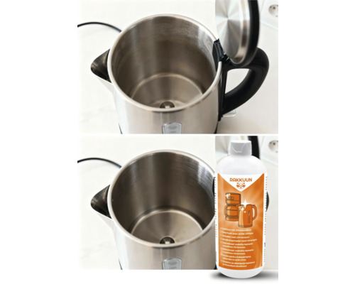 Entkalker mit Zitronensäure neben Wasserkocher aus Edelstahl