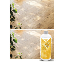 Parkettreiniger Flasche vor verlegtem Parkettboden