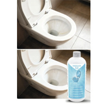 Vorher-Nachher-Vergleich einer Toilette und einer Flasche Urinsteinentferner