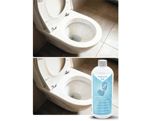 Vorher-Nachher-Vergleich einer Toilette und einer Flasche Urinsteinentferner