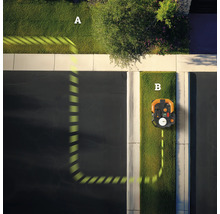 Draufsicht eines Rasenmähroboters, der einen Rasen mäht