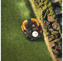 Aufsicht auf einen Rasenmähroboter auf Grasfläche nahe einer Steinmauer.