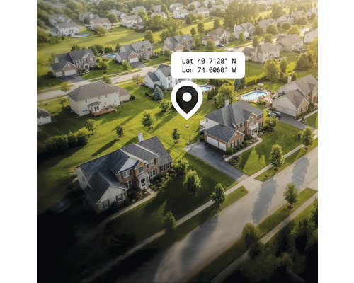 Luftaufnahme einer Wohngegend mit Häusern, Gärten und Strassen