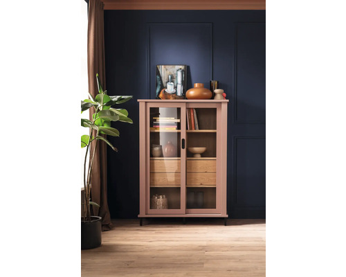 Vitrine avec portes coulissantes, étagères et tiroirs dans un salon