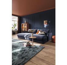 Salon avec canapé, table basse et tapis sur plancher en bois