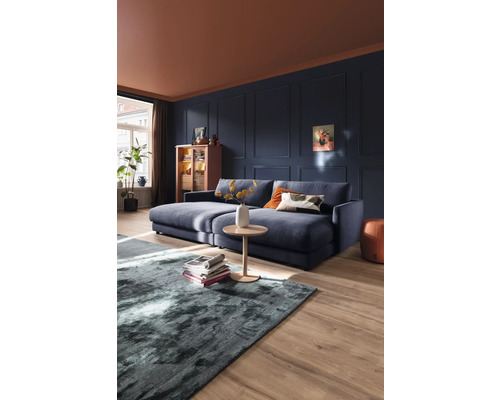 Salon avec canapé, table basse et tapis sur plancher en bois