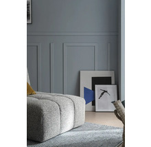 Salon avec pouf rembourré, tapis et tableaux au mur