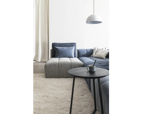 Salon moderne avec canapé, table basse et tapis