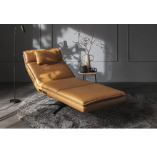Chaise longue avec revêtement en cuir, coussin et pied pivotant sur un tapis