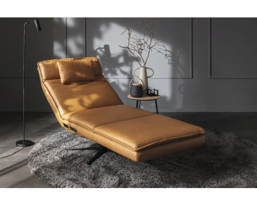 Chaise longue avec revêtement en cuir, coussin et pied pivotant sur un tapis