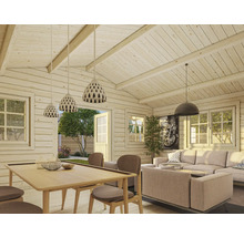 Vue intérieure d'une maison en bois claire avec meubles et éclairage