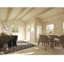 Cabane en bois claire avec coin salon et salle à manger, aménagée avec un canapé, un tapis, une table à manger et des chaises.