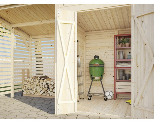 Abri à bois avec stockage de bois, barbecue et étagère