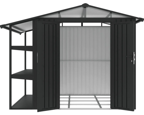 Abri de jardin ouvert avec étagères et double porte