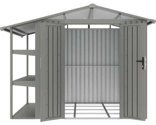 Abri de jardin en métal avec étagères et portes ouvertes.
