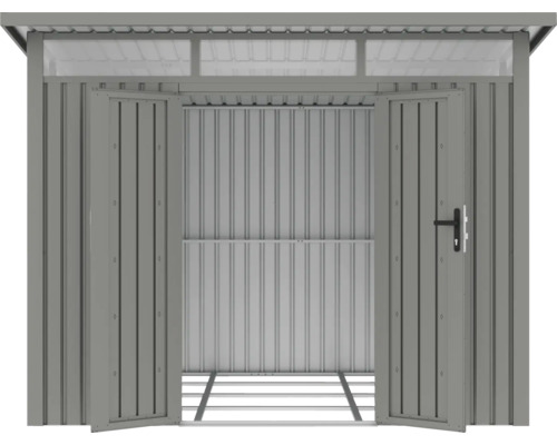 Abri à outils métallique gris ouvert