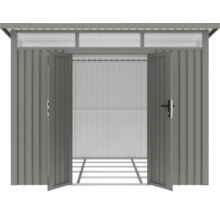 Abri de jardin en métal avec portes doubles ouvertes.