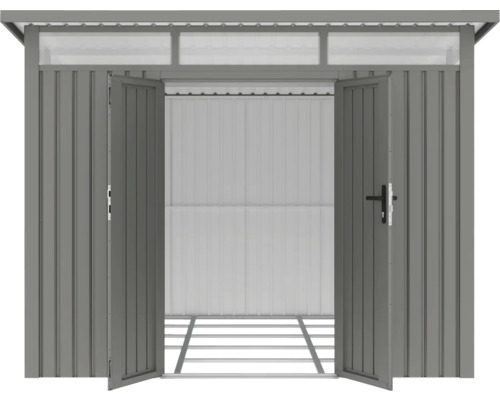 Abri de jardin en métal avec portes doubles ouvertes.