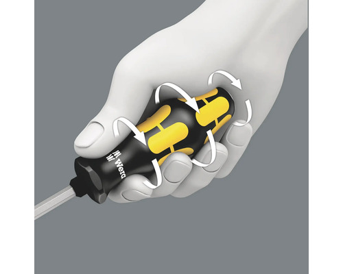 Demonstration der ergonomischen Griffzone eines Wera Schraubendrehers mit kreisförmigen Pfeilen