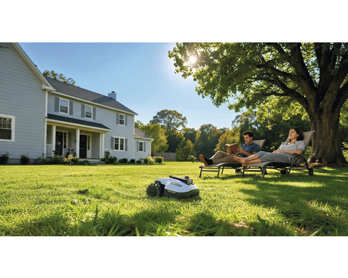 Scène avec robot tondeuse, couple se détendant dans le jardin et maison d'habitation
