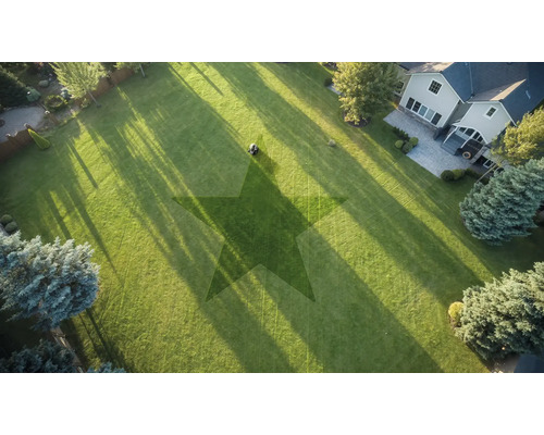 Vue aérienne d'un jardin avec une tondeuse à gazon et un motif en étoile dans la pelouse