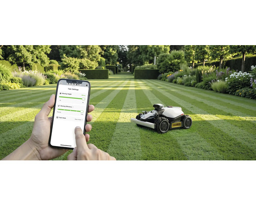 Scène avec un robot tondeuse à gazon sur une pelouse et une personne utilisant un smartphone pour contrôler l'appareil