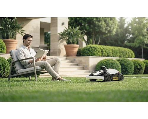 Un homme lit un livre dans le jardin pendant que le robot tondeuse tond la pelouse