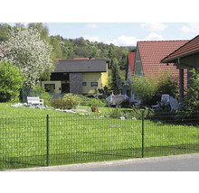 Une clôture à double fil verte entoure un terrain avec des maisons et des jardins.