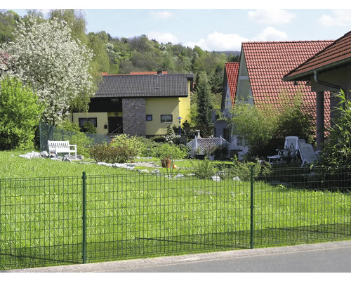 Une clôture à double fil verte entoure un terrain avec des maisons et des jardins.