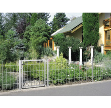 Gartenzaun mit Tor vor einem Wohnhaus mit Garten
