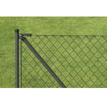 Vue détaillée d'une clôture en grillage avec poteaux devant une pelouse verte