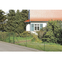 Une clôture en grillage vert entoure une maison avec jardin.