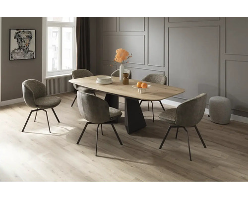 Salle à manger avec table, chaises et éléments décoratifs dans un design moderne