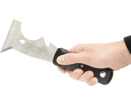 Multifunktionswerkzeug mit Klinge und schwarzem Griff in einer Hand