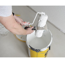 Farbeimer mit Farbroller und Abstreifgitter zum Streichen