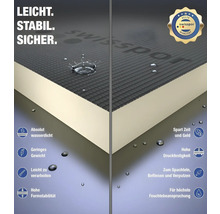 Logo Swisspor. Illustration d'un panneau isolant présentant des caractéristiques telles que l'étanchéité à l'eau, la légèreté, la facilité de traitement, la stabilité dimensionnelle élevée et la résistance à la pression.