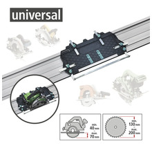 Rail de guidage universel pour scies circulaires à main avec des profondeurs de coupe de 40 millimètres à 70 millimètres et des diamètres de lame de scie de 130 millimètres à 200 millimètres