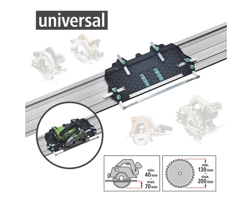 Rail de guidage universel pour scies circulaires à main avec des profondeurs de coupe de 40 millimètres à 70 millimètres et des diamètres de lame de scie de 130 millimètres à 200 millimètres