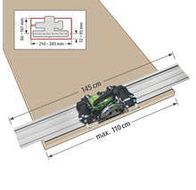 Image d'une scie circulaire avec rail de guidage pour couper une pièce de dimensions 145 cm et maximum 110 cm, avec indications de mesures.