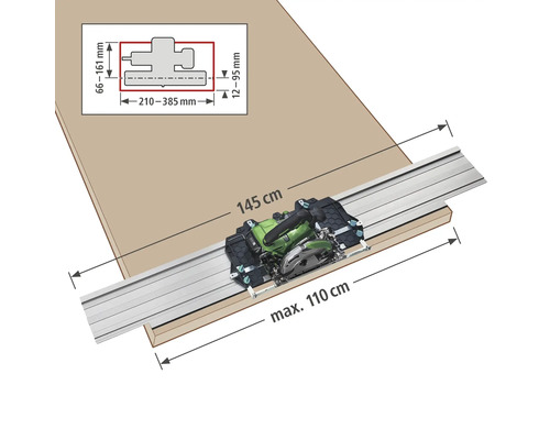 Image d'une scie circulaire avec rail de guidage pour couper une pièce de dimensions 145 cm et maximum 110 cm, avec indications de mesures.