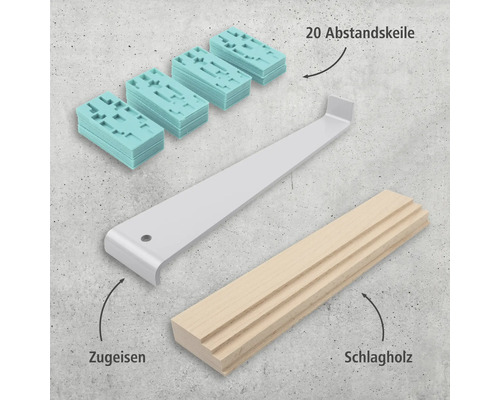 Werkzeugset bestehend aus Abstandskeilen, Zugeisen und Schlagholz