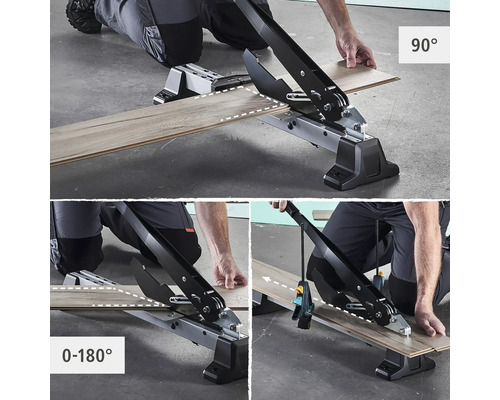 Coupe-laminé en utilisation avec des réglages d'angle de 0 à 180 degrés et 90 degrés.