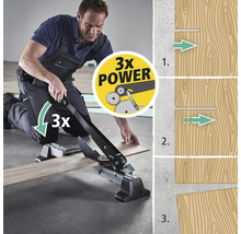 Un homme coupe une planche de stratifié avec un coupe-stratifié. Un graphique montre le fonctionnement du coupeur.