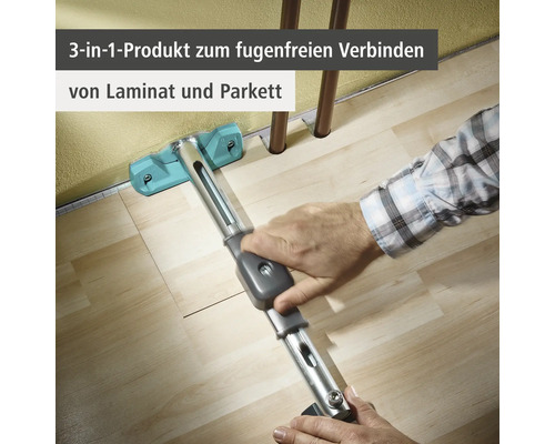 Werkzeug zum fugenlosen Verbinden von Laminat und Parkett in Anwendung