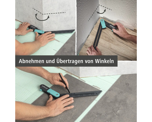 L'image montre le transfert d'angle avec une fausse équerre sur des carreaux de sol.