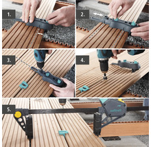 Montage photo montrant la pose d'une terrasse en bois avec un gabarit de construction de terrasse et une visseuse sans fil